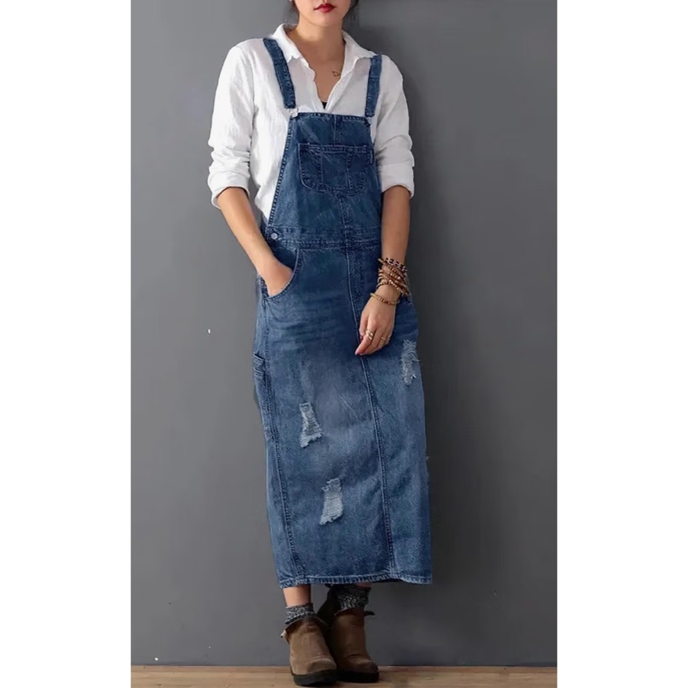 Denim Overall Maxi Skirt - Classic Pinafore Style